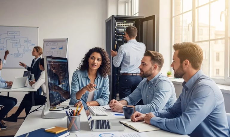 Augmented IT professionals collaborating with in-house teams