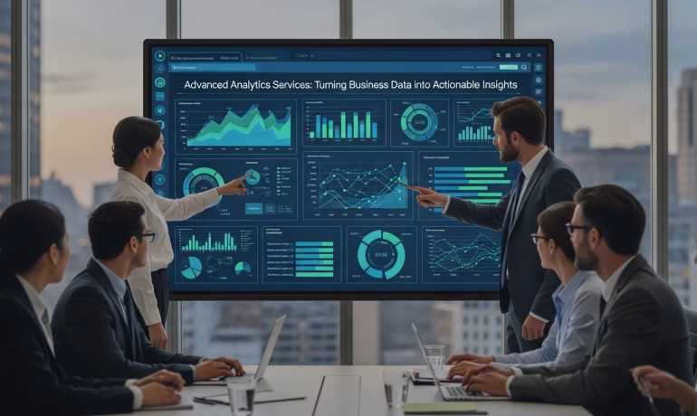 Business analytics dashboard showing trends and predictive insights