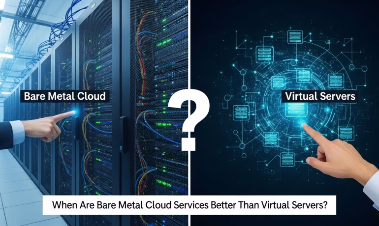 Bare metal server vs virtual server comparison showing physical hardware performance and cloud virtualization layers