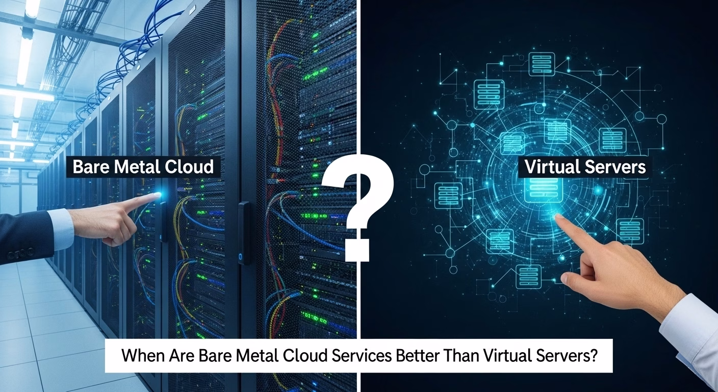 Bare metal server vs virtual server comparison showing physical hardware performance and cloud virtualization layers