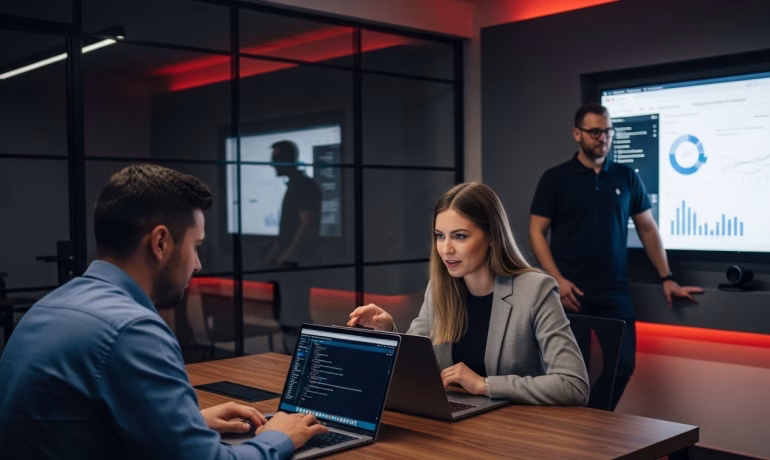 IT staff augmentation team collaborating to fill skill gaps in software development project