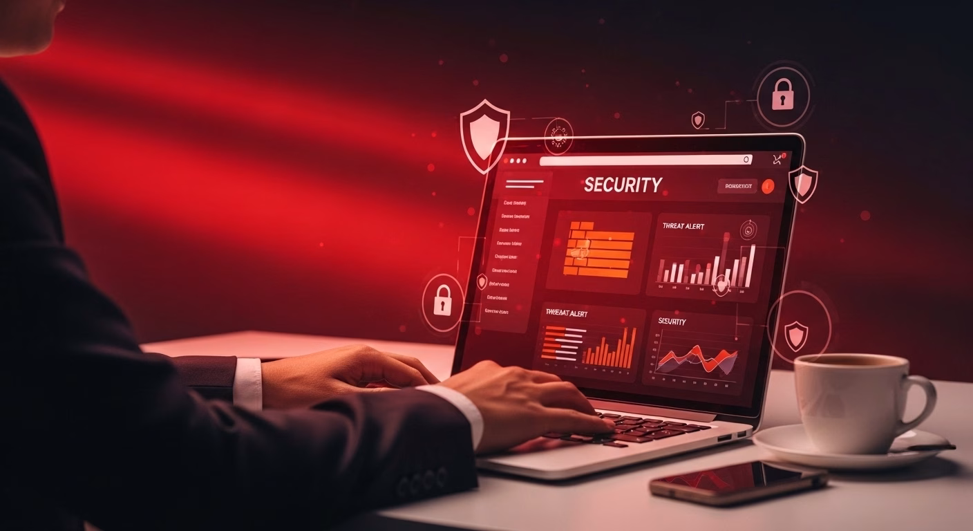 Website security protection on laptop with digital shield and cyber threat prevention system