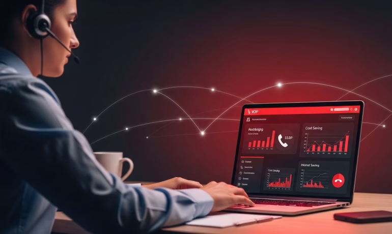 Remote team using VoIP services on laptops and mobile devices