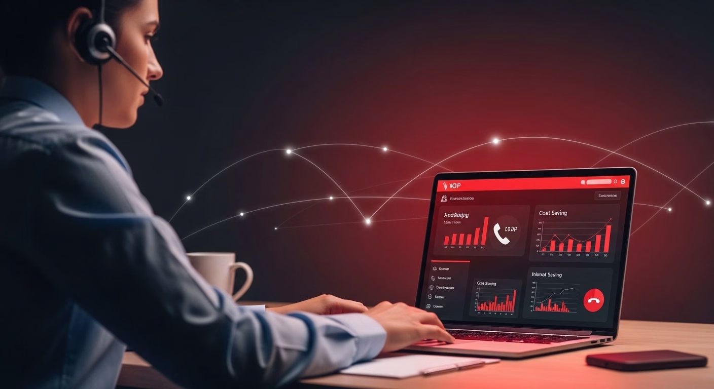 Remote team using VoIP services on laptops and mobile devices