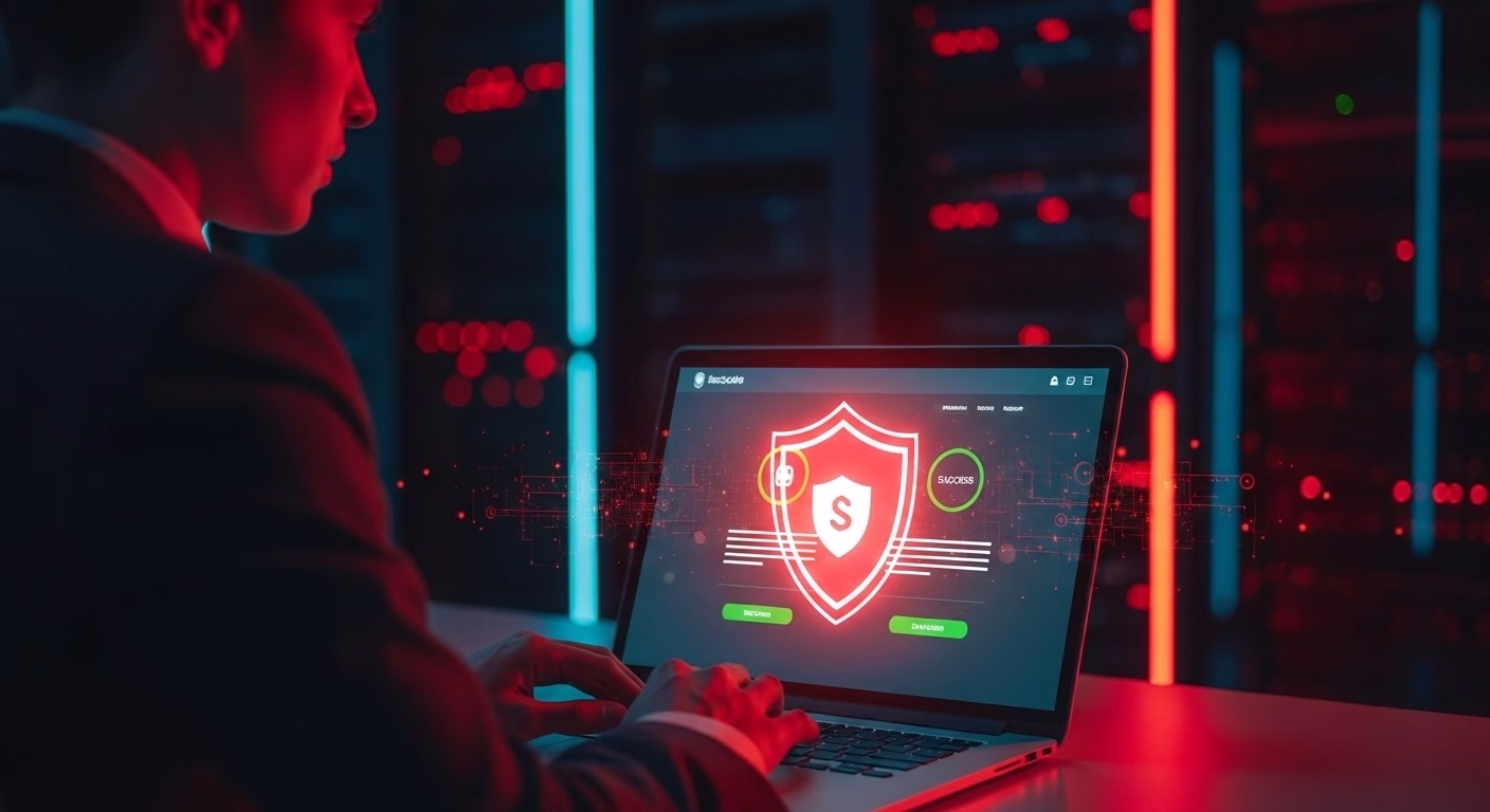 Laptop displaying website security dashboard with firewall protection and cyber threat monitoring