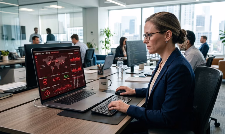 Cyber security experts monitoring secure business network infrastructure