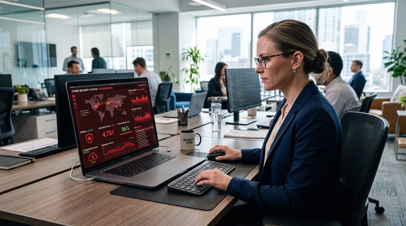 Cyber security experts monitoring secure business network infrastructure