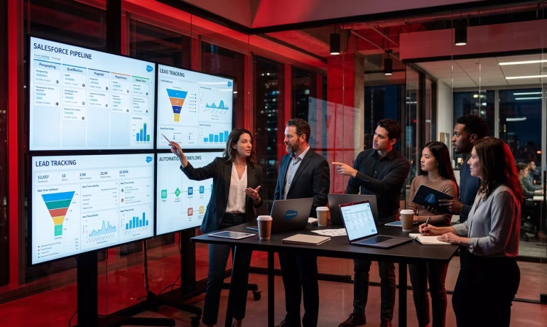 Business team using Salesforce cloud CRM software for customer relationship management