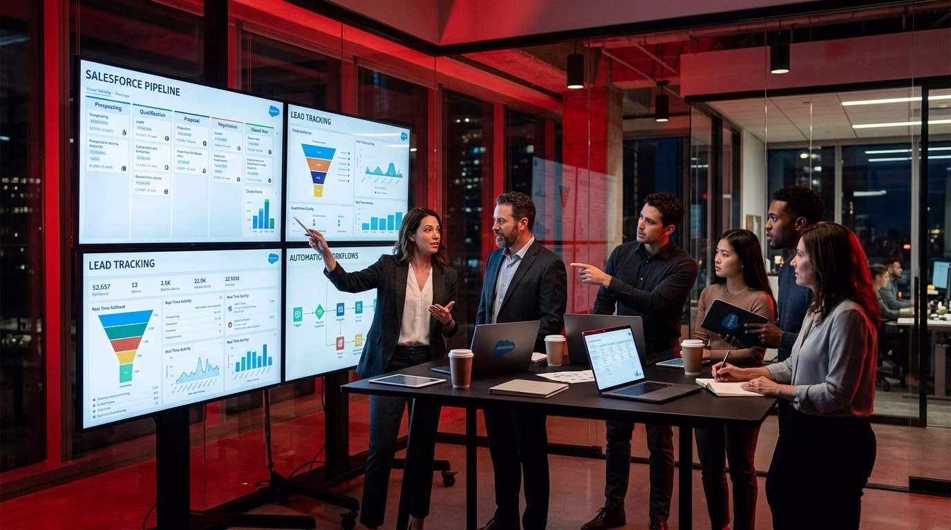 Business team using Salesforce cloud CRM software for customer relationship management