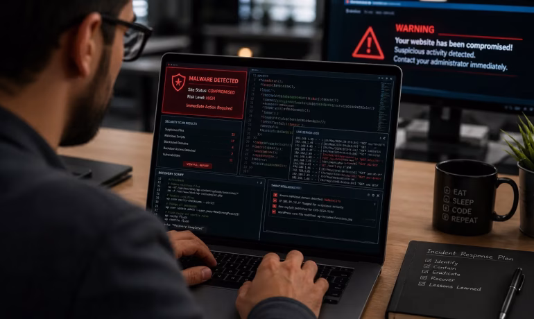 Fix a hacked website in Pakistan quickly and securely showing malware alerts on a compromised website dashboard