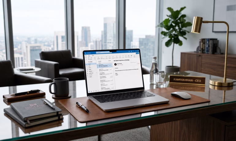 Modern professional using a secure business email platform on laptop in a corporate office environment