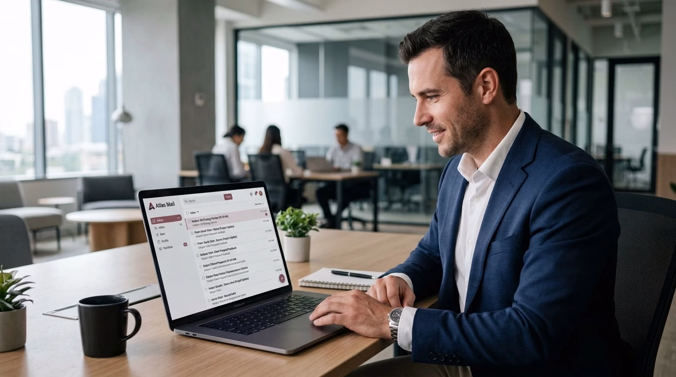 Professional business email solution displayed on modern laptop in a clean corporate workspace