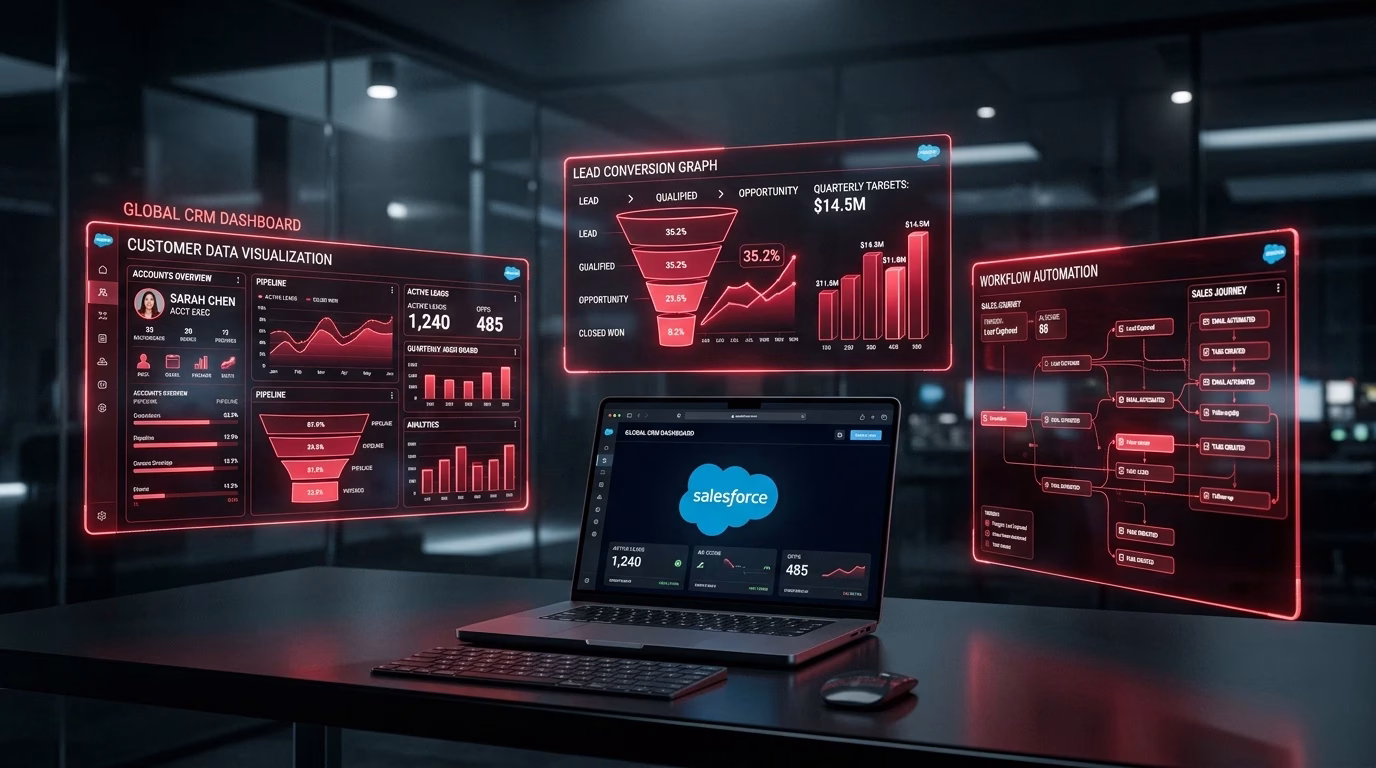 Salesforce CRM dashboard managing customer relationships and sales automation