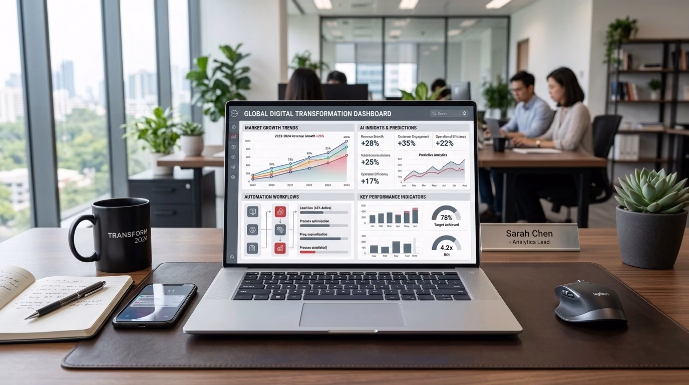 Business team analyzing digital transformation strategy and market growth data