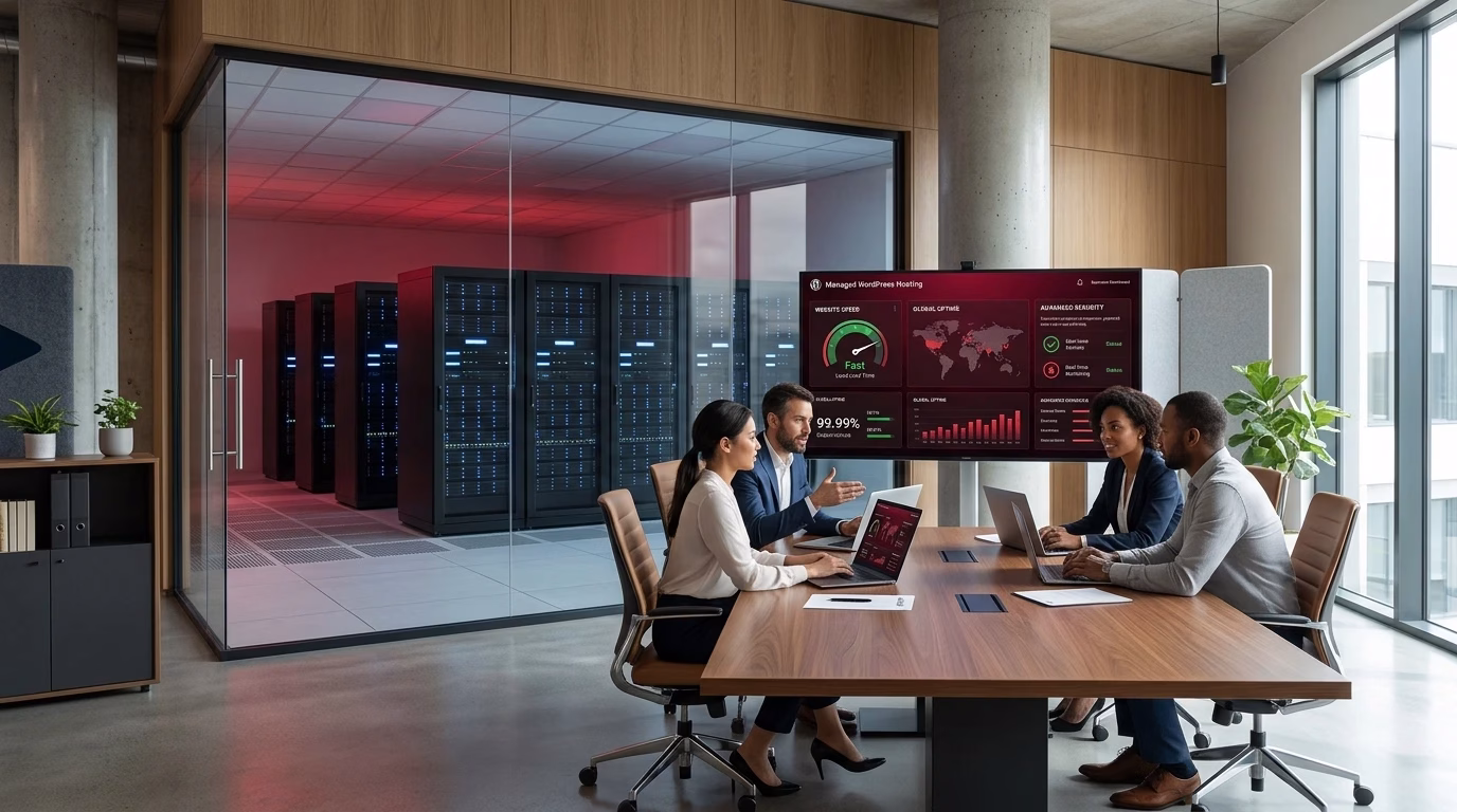 Business team managing a high-performance WordPress website with secure hosting, automated maintenance, and scalable infrastructure.