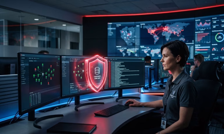 Business team using advanced cyber security solutions to secure digital infrastructure and prevent online threats.