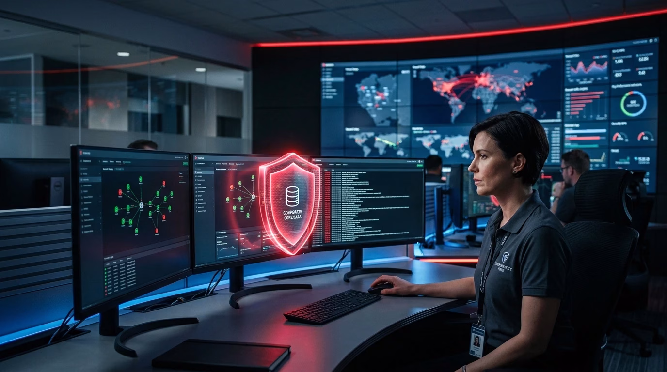 Business team using advanced cyber security solutions to secure digital infrastructure and prevent online threats.