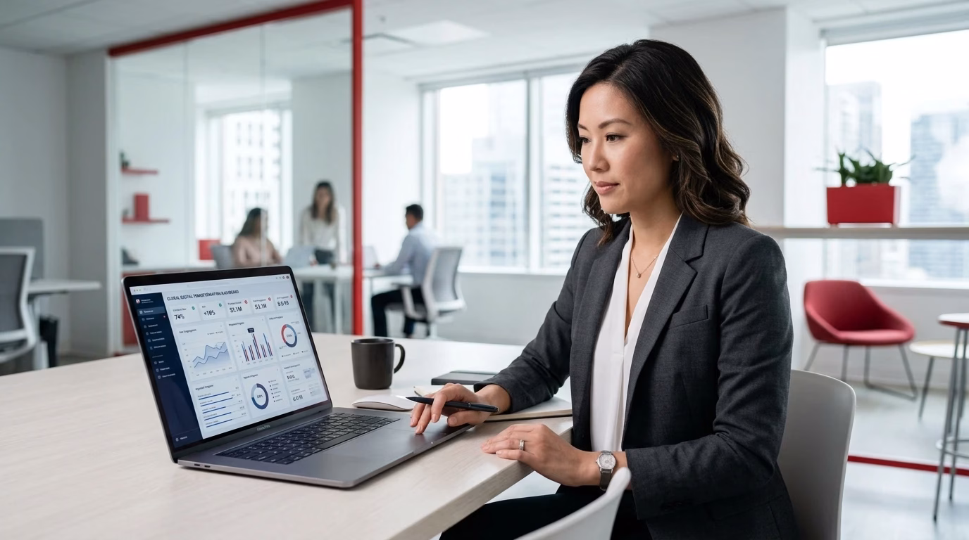Digital transformation dashboard displaying business analytics, cloud solutions, process automation, and operational performance metrics.