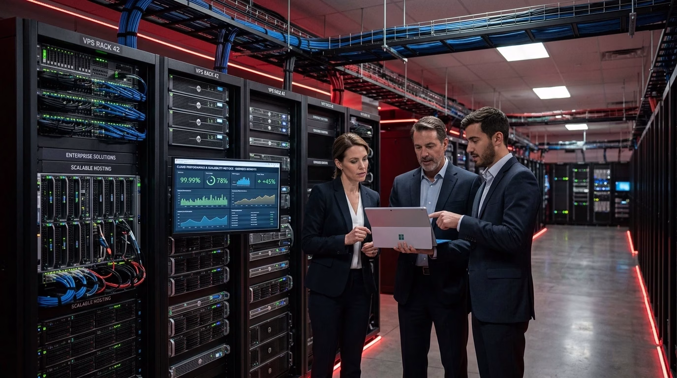Business professionals managing cloud VPS servers for scalable digital infrastructure