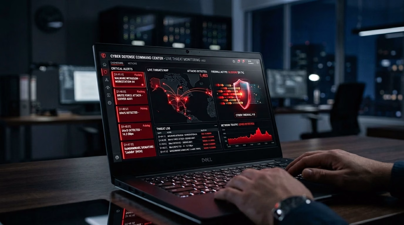 Cyber security professional monitoring business network security to protect against online threats and data breaches.