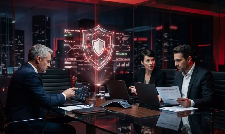 Enterprise cyber security dashboard displaying threat monitoring, network protection, and business security analytics