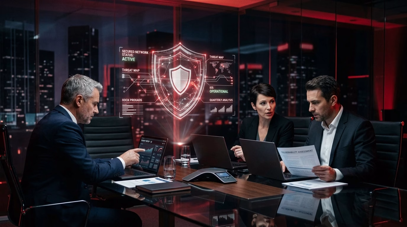 Enterprise cyber security dashboard displaying threat monitoring, network protection, and business security analytics
