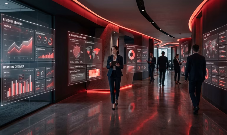 Business professionals analyzing data using advanced analytics and machine learning dashboards