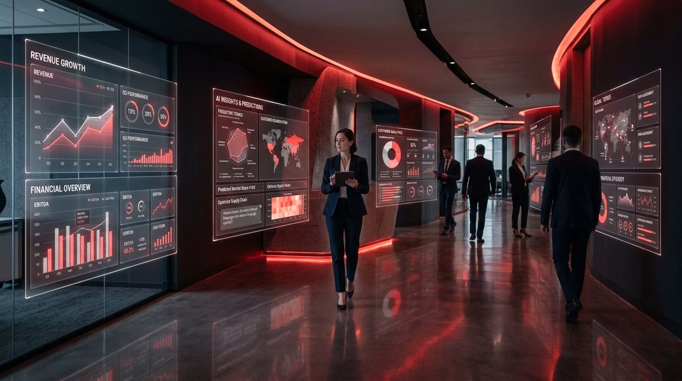 Business professionals analyzing data using advanced analytics and machine learning dashboards