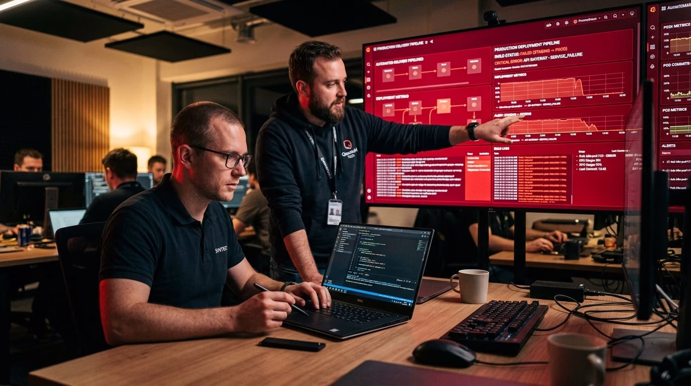 DevOps engineers monitoring automated software deployment pipelines and infrastructure systems