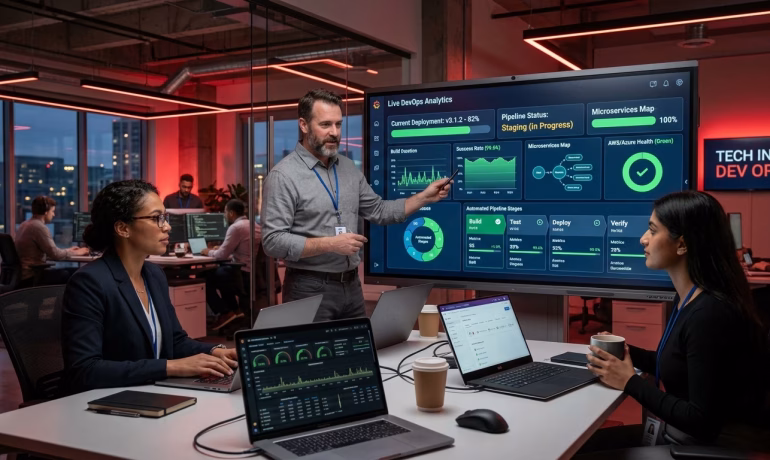 DevOps automation dashboard showing continuous integration, deployment pipelines, and software delivery workflows