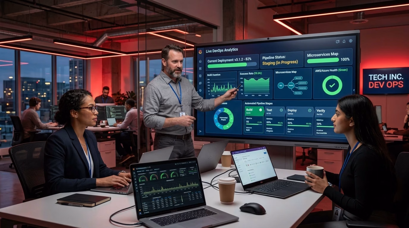 DevOps automation dashboard showing continuous integration, deployment pipelines, and software delivery workflows