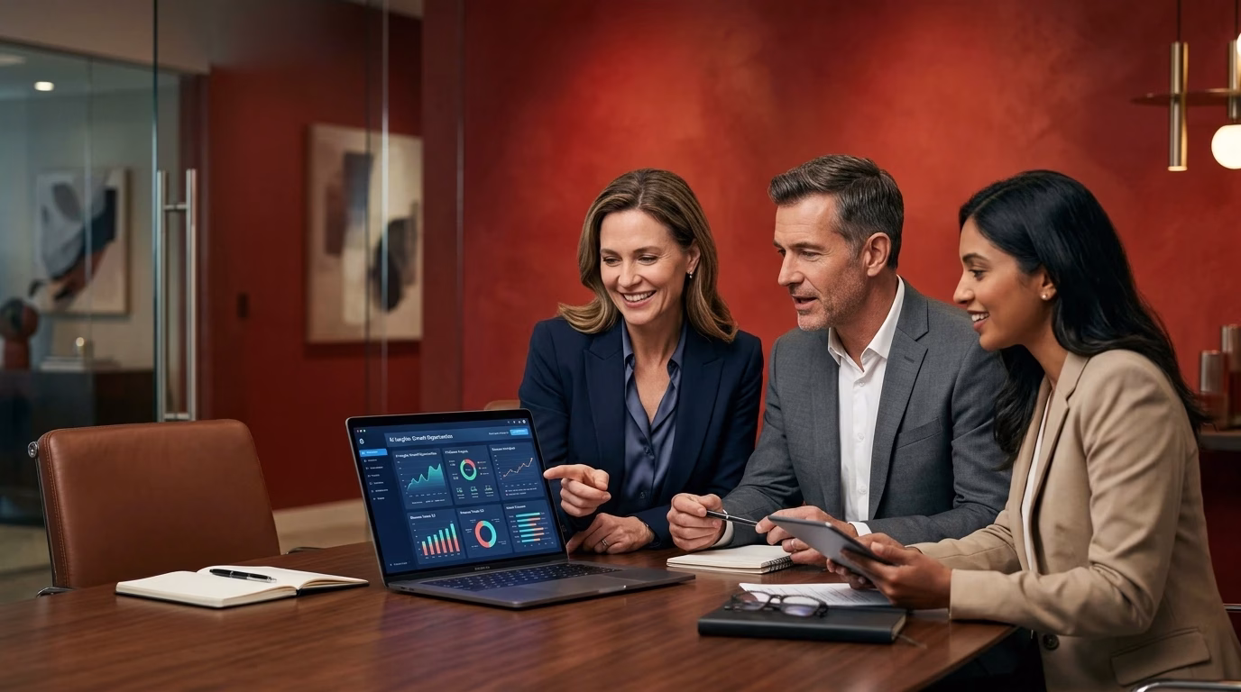 Business professionals using Generative AI for content creation, customer support, and business automation