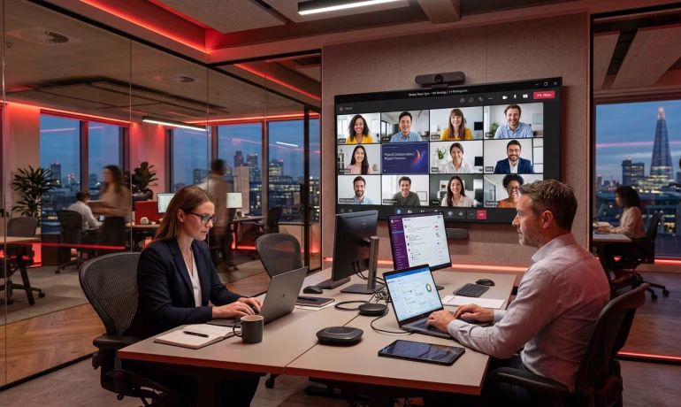 Business professionals collaborating remotely using Google Workspace tools for communication, file sharing, and project management.