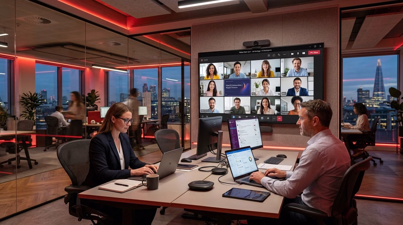 Business professionals collaborating remotely using Google Workspace tools for communication, file sharing, and project management.