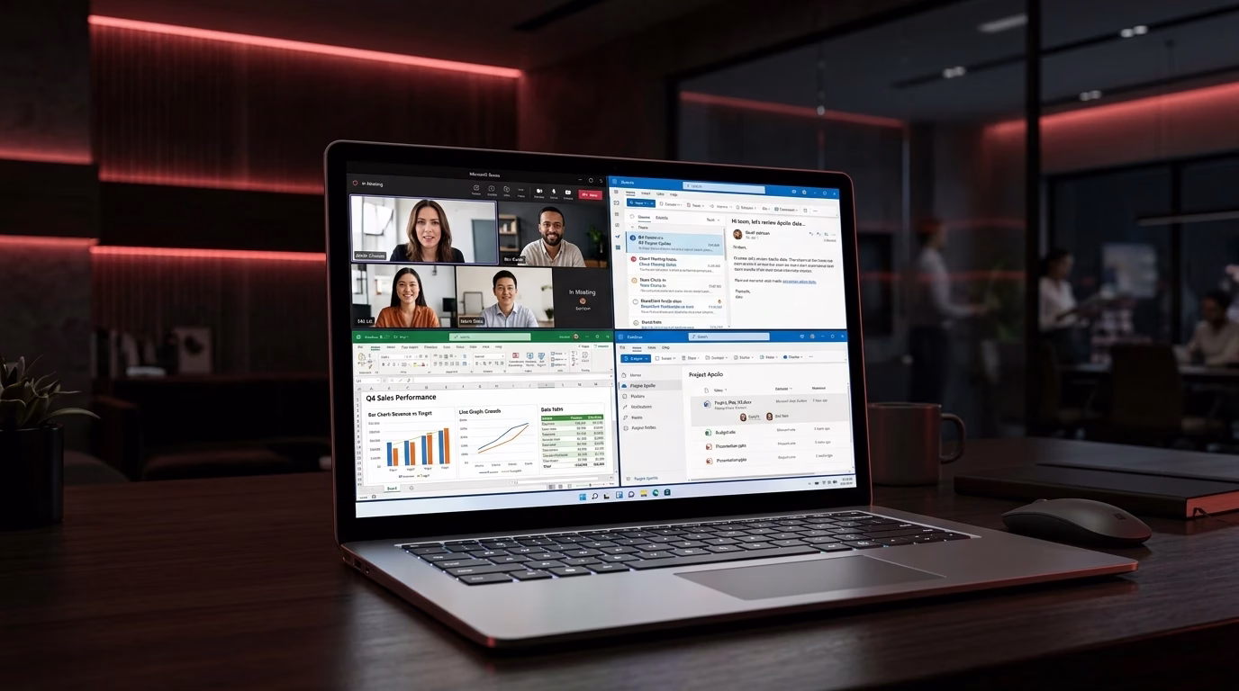 Business professionals collaborating using Microsoft 365 tools for communication, document management, and productivity.