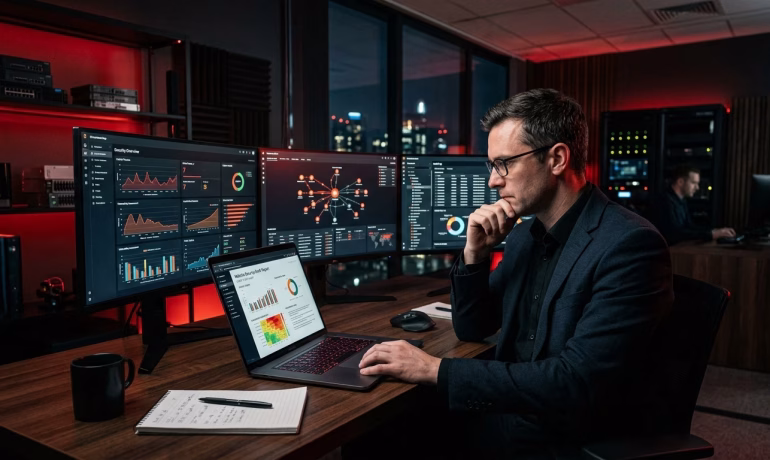 Cybersecurity specialist securing a business website through monitoring, updates, backups, and threat prevention.