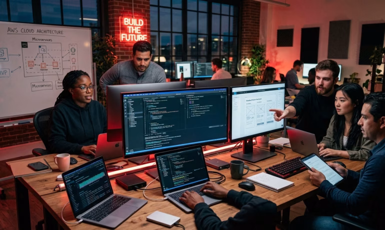 Team working on SaaS product development and cloud application architecture