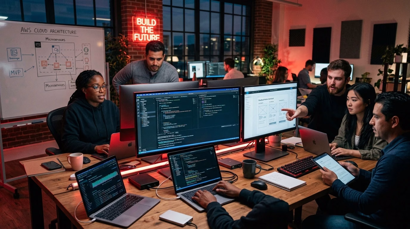 Team working on SaaS product development and cloud application architecture