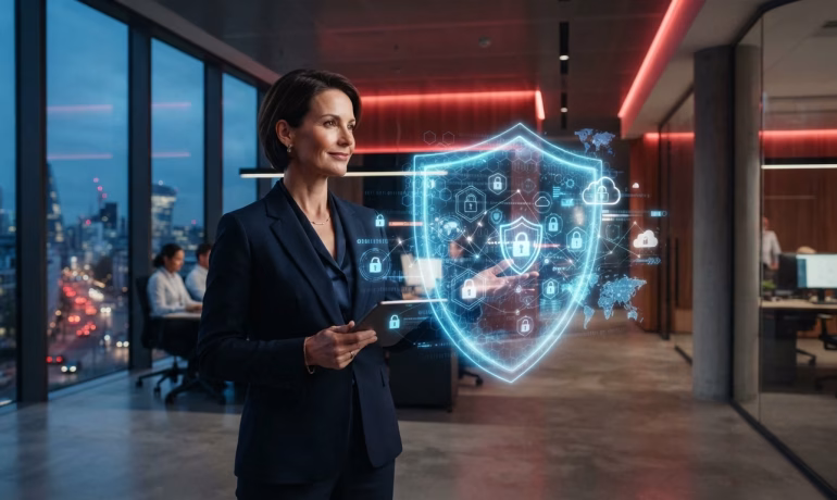 Business team using secure cyber security solutions to protect company data and network