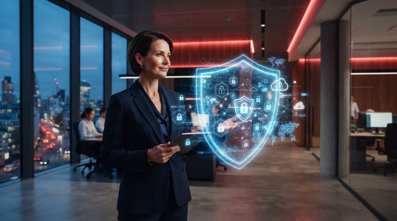 Business team using secure cyber security solutions to protect company data and network