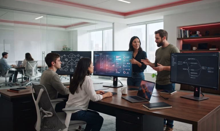 Developers designing secure SaaS application with cloud infrastructure and agile development