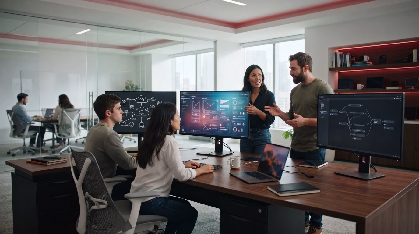 Developers designing secure SaaS application with cloud infrastructure and agile development