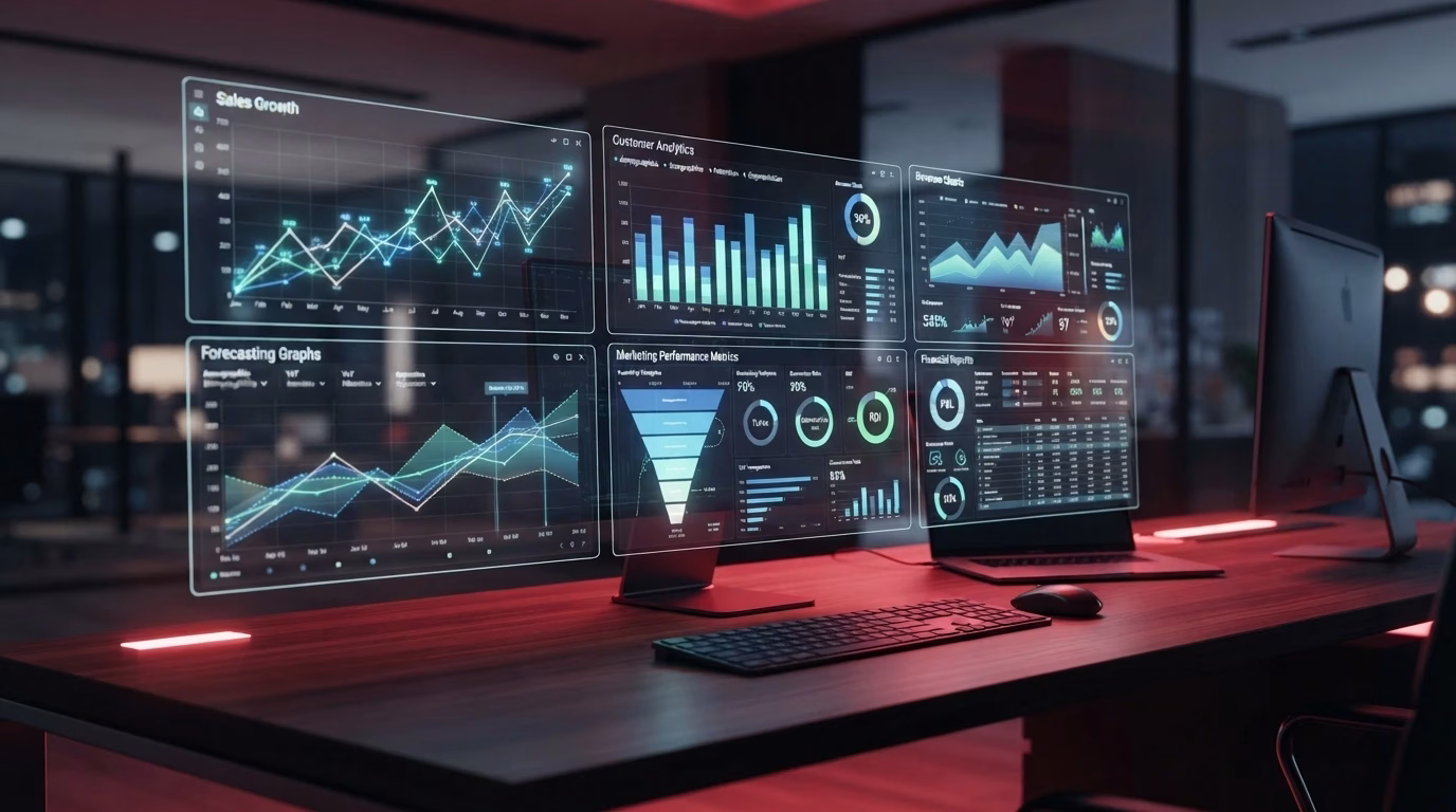 Business professionals analyzing charts and predictive analytics using advanced data visualization tools.
