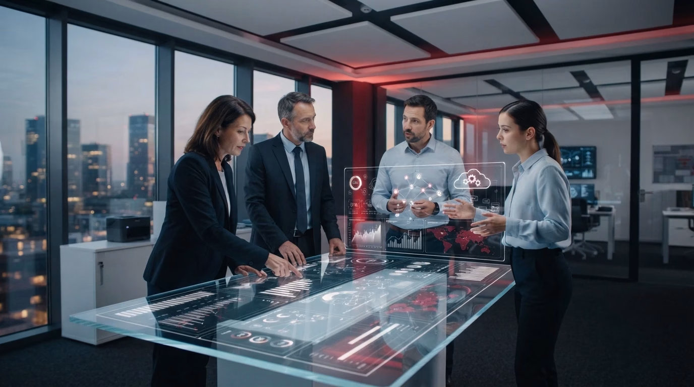 Business professionals using enterprise solutions to improve workflow and operational efficiency