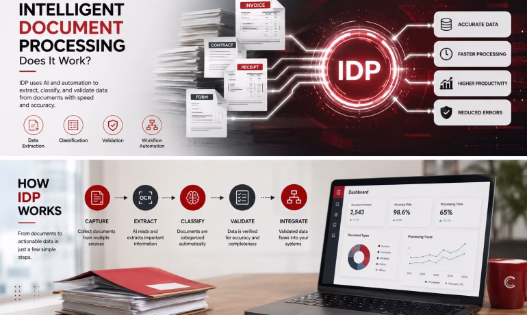 Paper documents being converted into organized digital files on a laptop through AI-powered intelligent document processing.