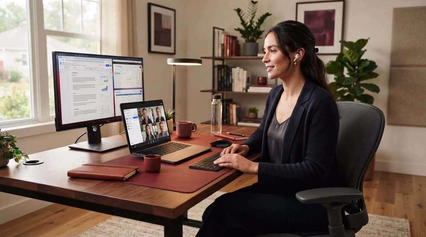 Employees using Microsoft 365 cloud services for secure remote collaboration