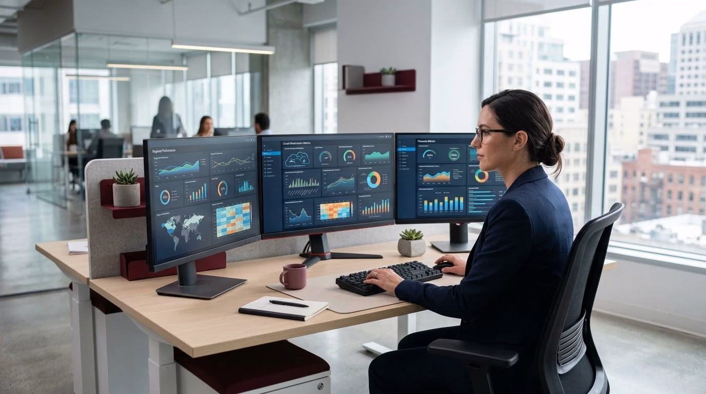 Business professionals using scalable data services and real-time data processing to optimize performance and decision-making.