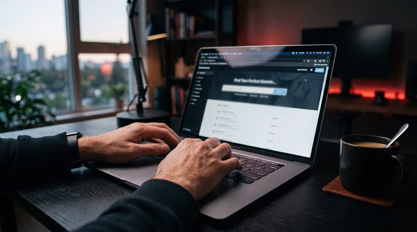 Business professional reviewing domain pricing, premium domains, and website hosting options