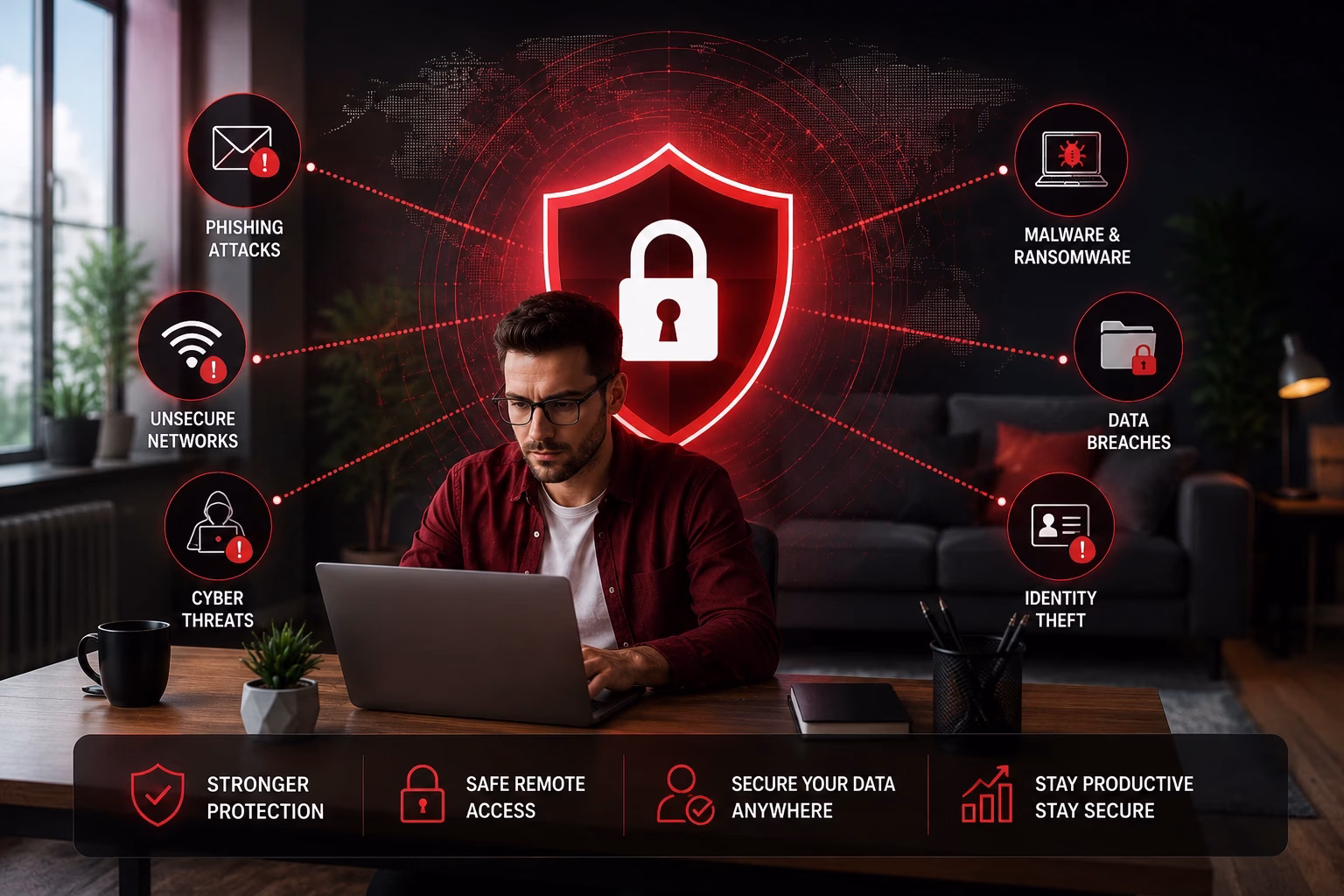 Employee accessing company network securely over public Wi-Fi using a business VPN