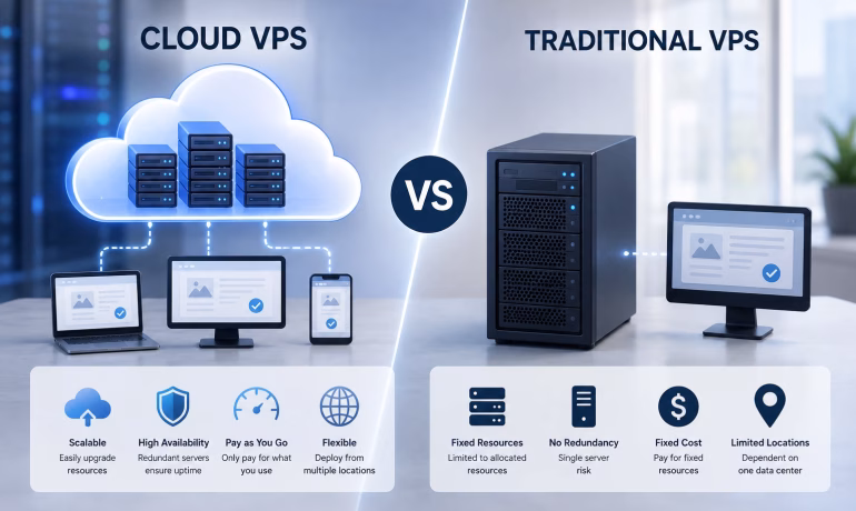 Cloud VPS vs Traditional VPS comparison showing scalable cloud infrastructure and virtual server hosting